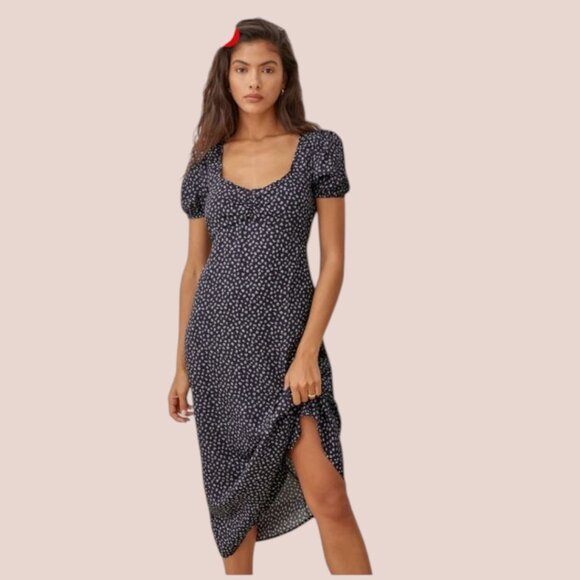 Reformation Kelby Midi Dress in Navy Blue White Floral Short Sleeve A Line M EUC - Picture 2 of 16